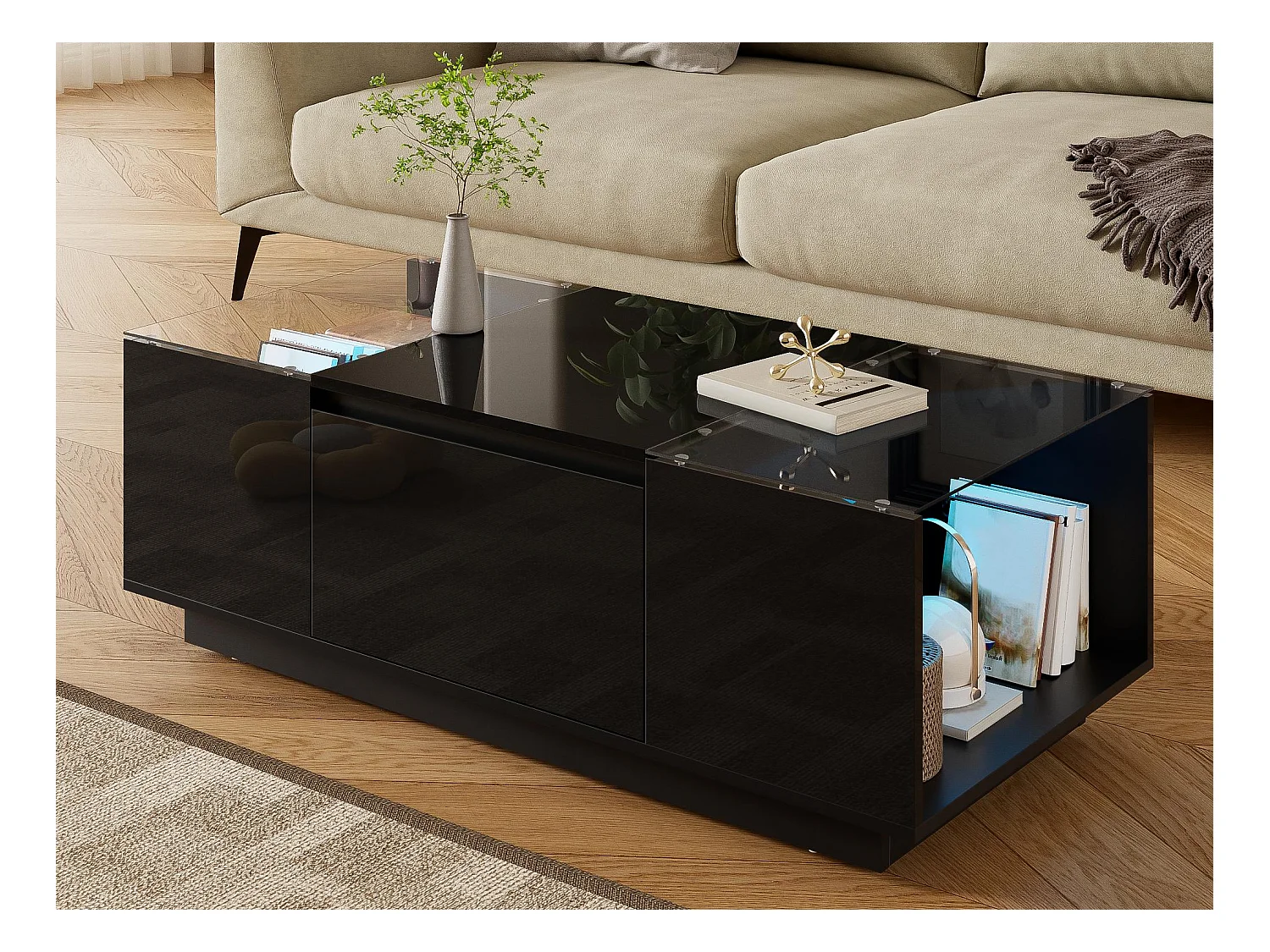 Table basse moderne 105x50x35 cm - plateau en verre - avec éclairage LED - 2 tiroirs - étagères ouvertes - noir