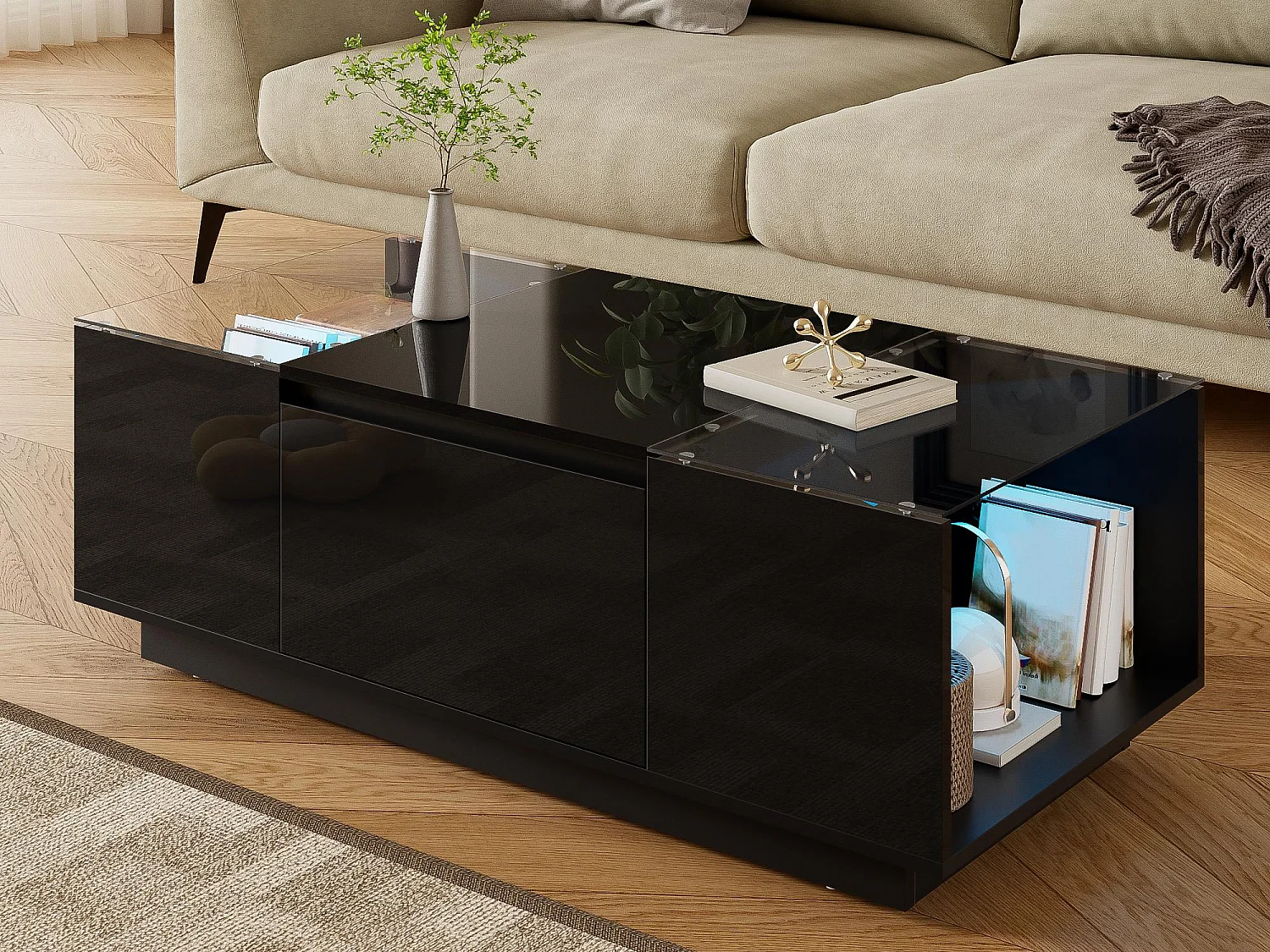 Table basse moderne 105x50x35 cm - plateau en verre - avec éclairage LED - 2 tiroirs - étagères ouvertes - noir