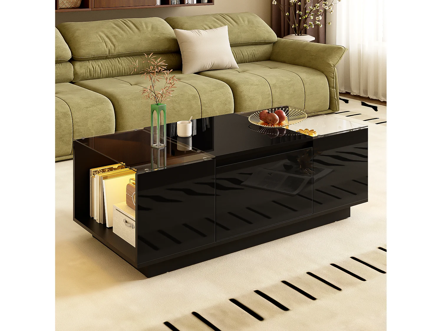 Table basse moderne 105x50x35 cm - plateau en verre - avec éclairage LED - 2 tiroirs - étagères ouvertes - noir