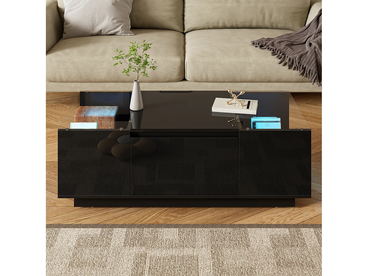 Table basse moderne 105x50x35 cm - plateau en verre - avec éclairage LED - 2 tiroirs - étagères ouvertes - noir