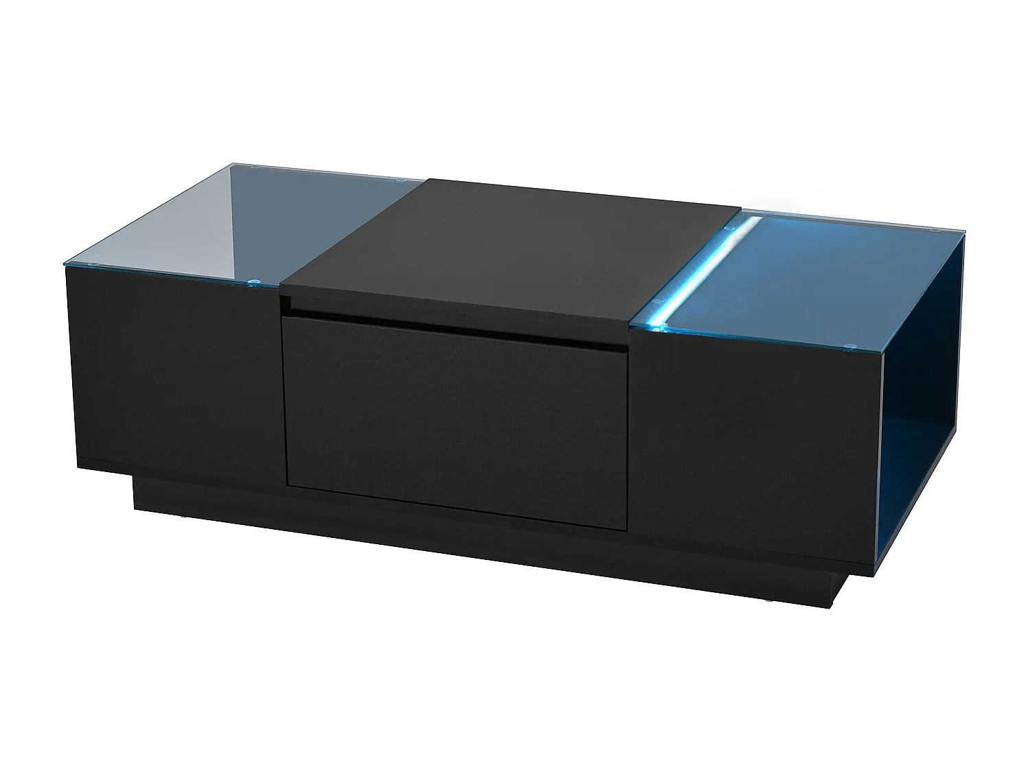 Table basse moderne 105x50x35 cm - plateau en verre - avec éclairage LED - 2 tiroirs - étagères ouvertes - noir