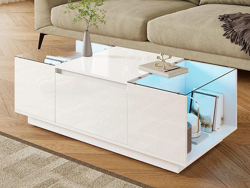 Moderner Couchtisch 105×50×35 cm - Glasplatte - mit LED-Beleuchtung - 2 Schubladen - offene Regale - weiß