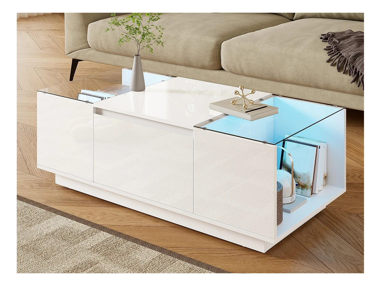 Table basse moderne 105x50x35 cm - plateau en verre - avec éclairage LED - 2 tiroirs - étagères ouvertes - blanc