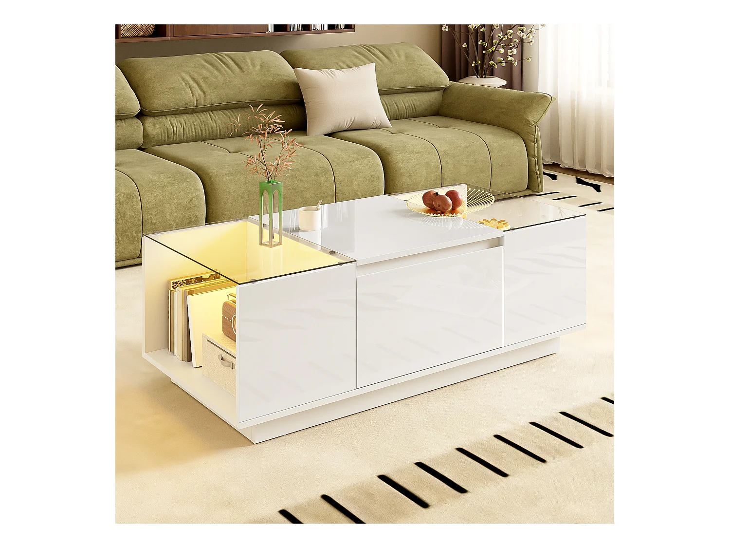Table basse moderne 105x50x35 cm - plateau en verre - avec éclairage LED - 2 tiroirs - étagères ouvertes - blanc