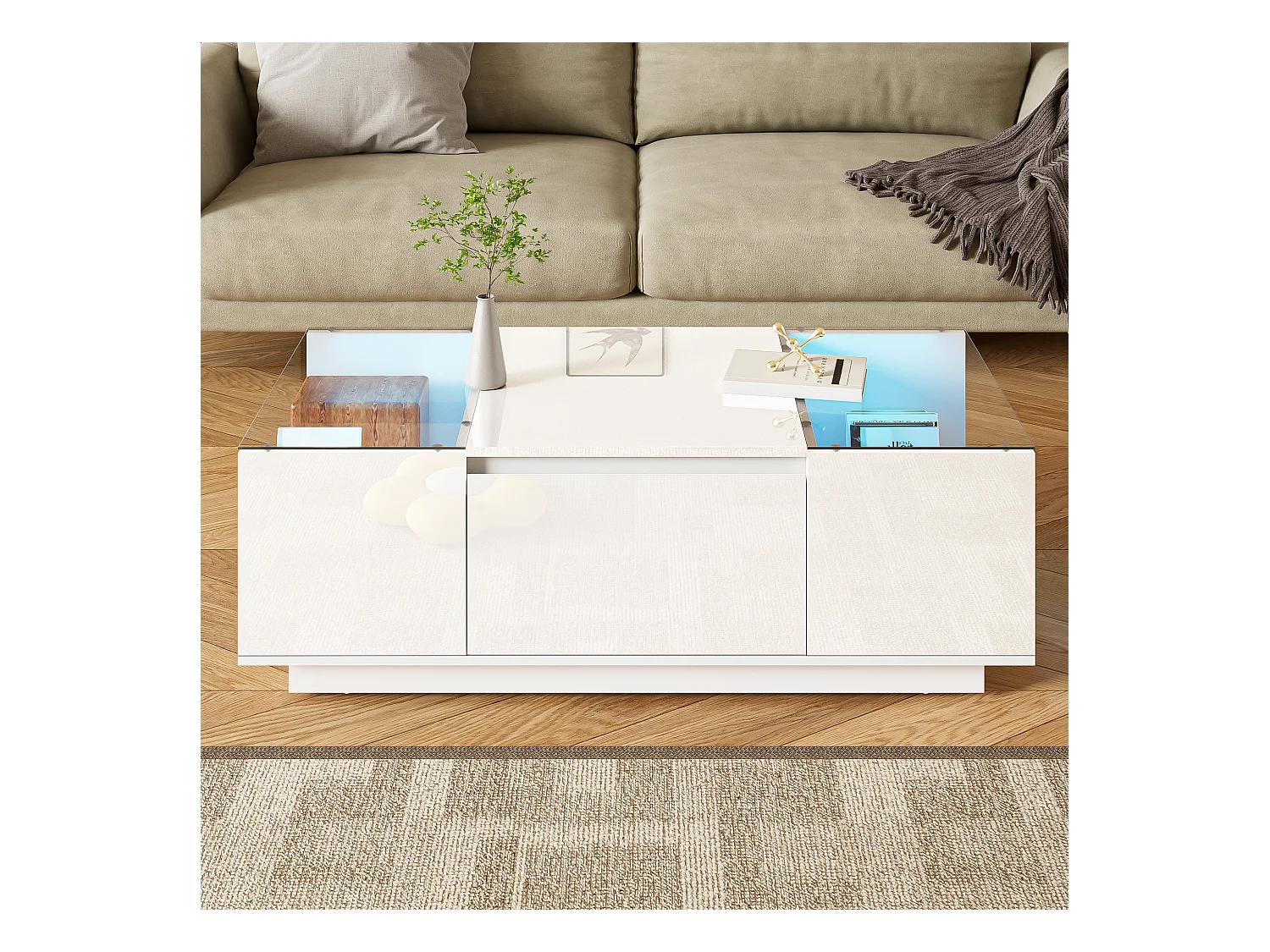 Table basse moderne 105x50x35 cm - plateau en verre - avec éclairage LED - 2 tiroirs - étagères ouvertes - blanc