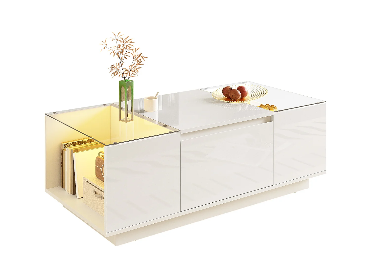 Table basse moderne 105x50x35 cm - plateau en verre - avec éclairage LED - 2 tiroirs - étagères ouvertes - blanc