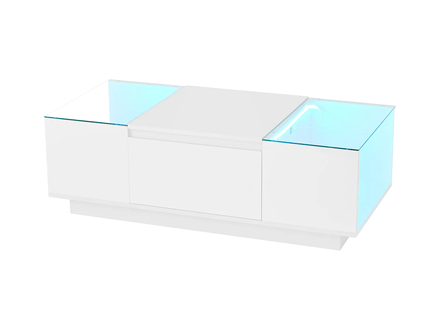 Table basse moderne 105x50x35 cm - plateau en verre - avec éclairage LED - 2 tiroirs - étagères ouvertes - blanc