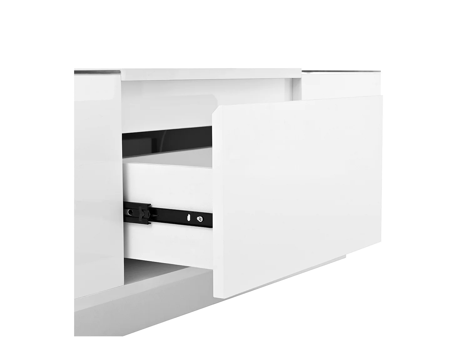 Table basse moderne 105x50x35 cm - plateau en verre - avec éclairage LED - 2 tiroirs - étagères ouvertes - blanc