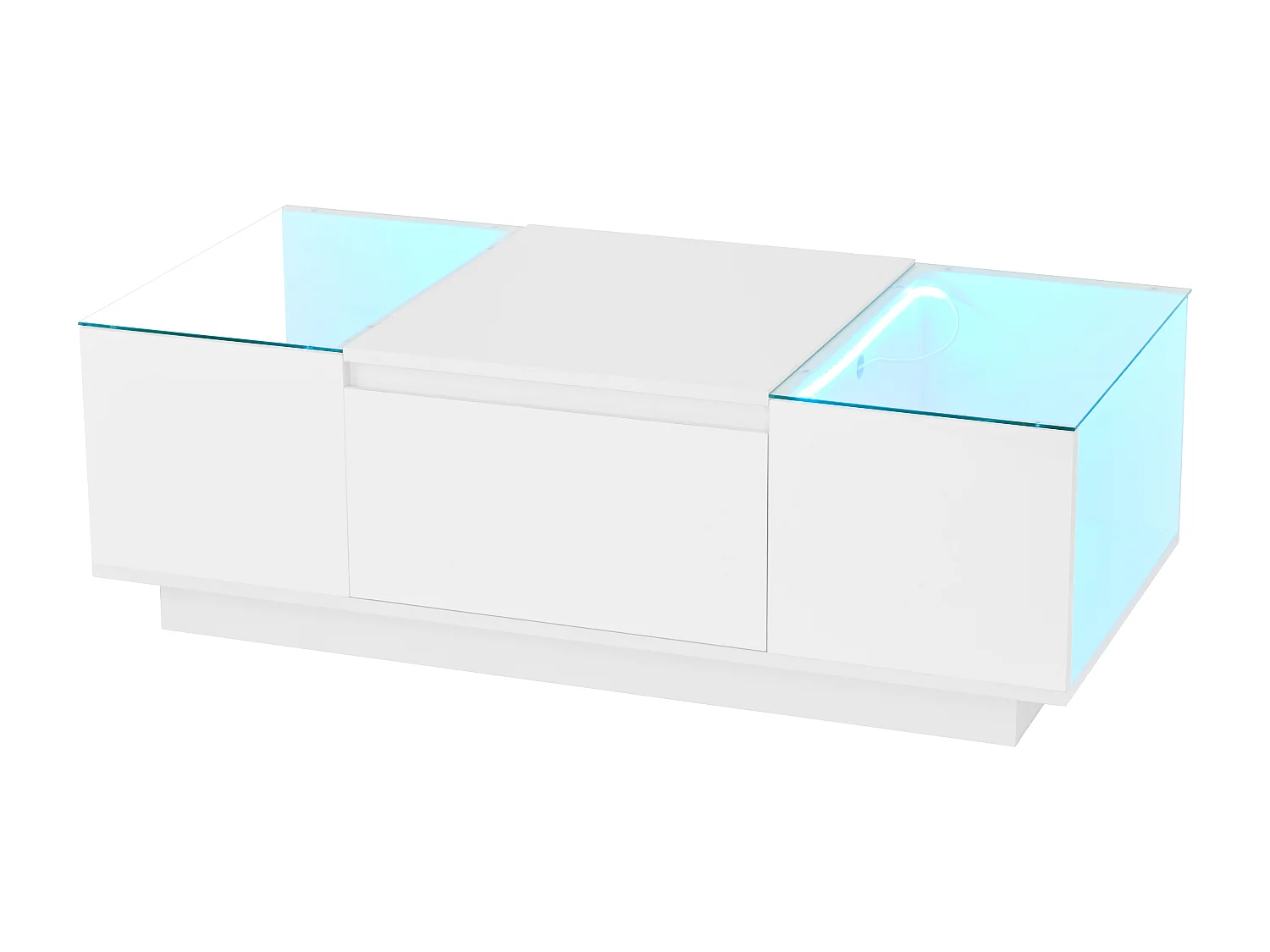 Table basse moderne 105x50x35 cm - plateau en verre - avec éclairage LED - 2 tiroirs - étagères ouvertes - blanc