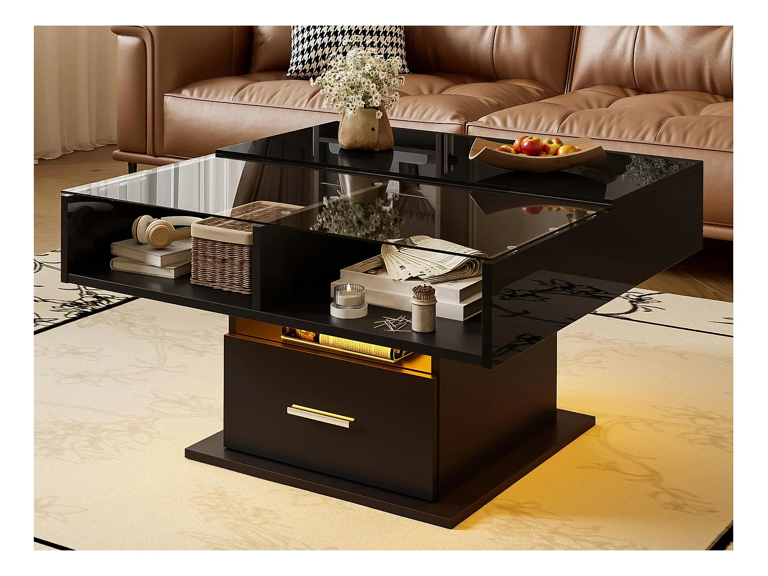 Table basse relevable 78x78x45.5cm - avec éclairage LED - 1 tiroir - étagères ouvertes - noir