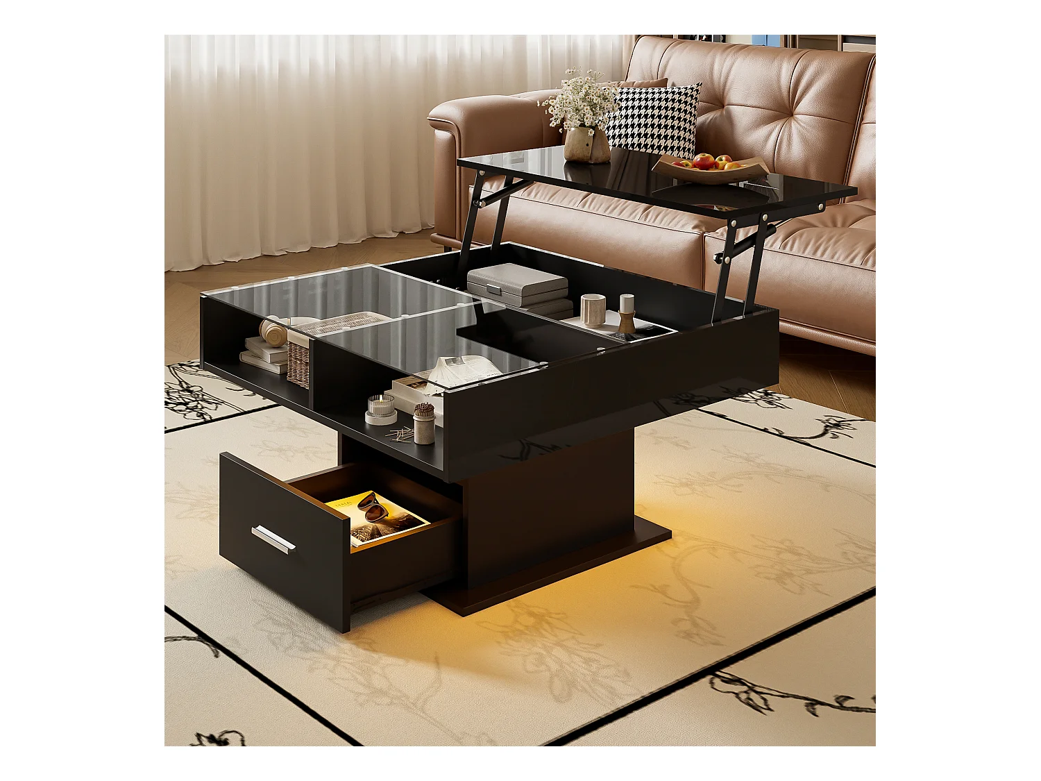 Table basse relevable 78x78x45.5cm - avec éclairage LED - 1 tiroir - étagères ouvertes - noir