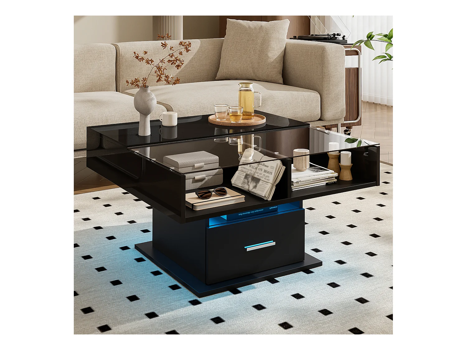 Table basse relevable 78x78x45.5cm - avec éclairage LED - 1 tiroir - étagères ouvertes - noir