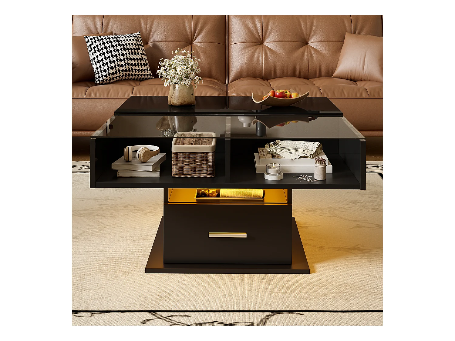 Table basse relevable 78x78x45.5cm - avec éclairage LED - 1 tiroir - étagères ouvertes - noir