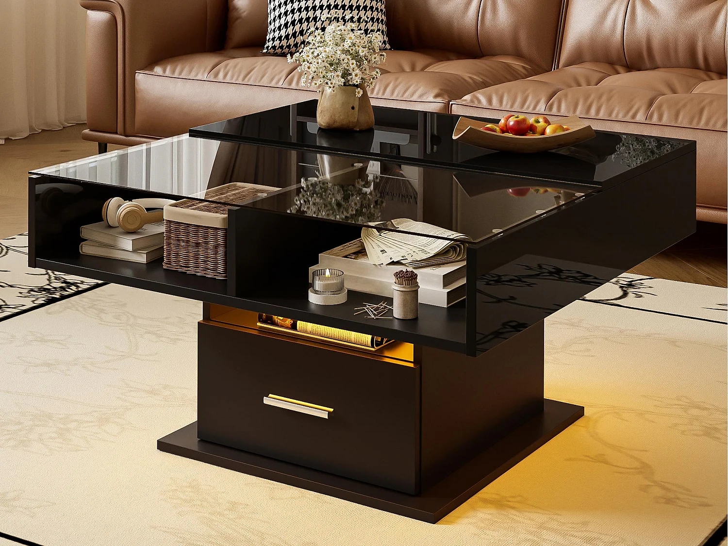 Table basse relevable 78x78x45.5cm - avec éclairage LED - 1 tiroir - étagères ouvertes - noir