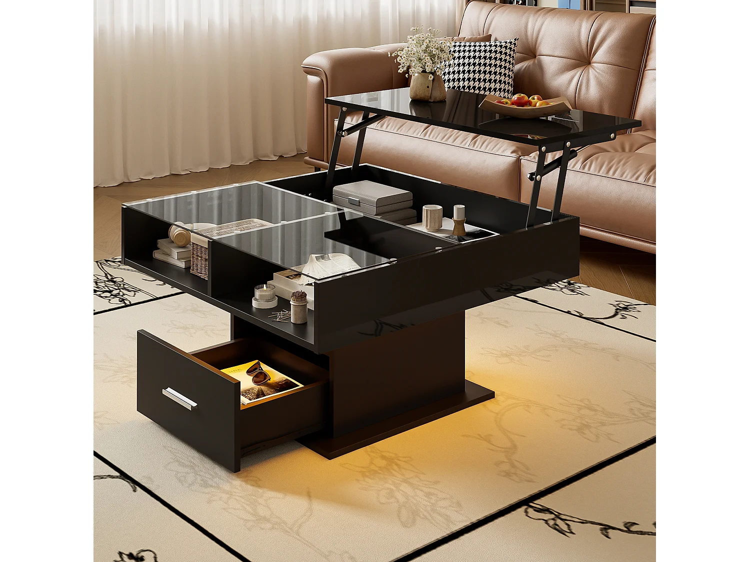 Table basse relevable 78x78x45.5cm - avec éclairage LED - 1 tiroir - étagères ouvertes - noir