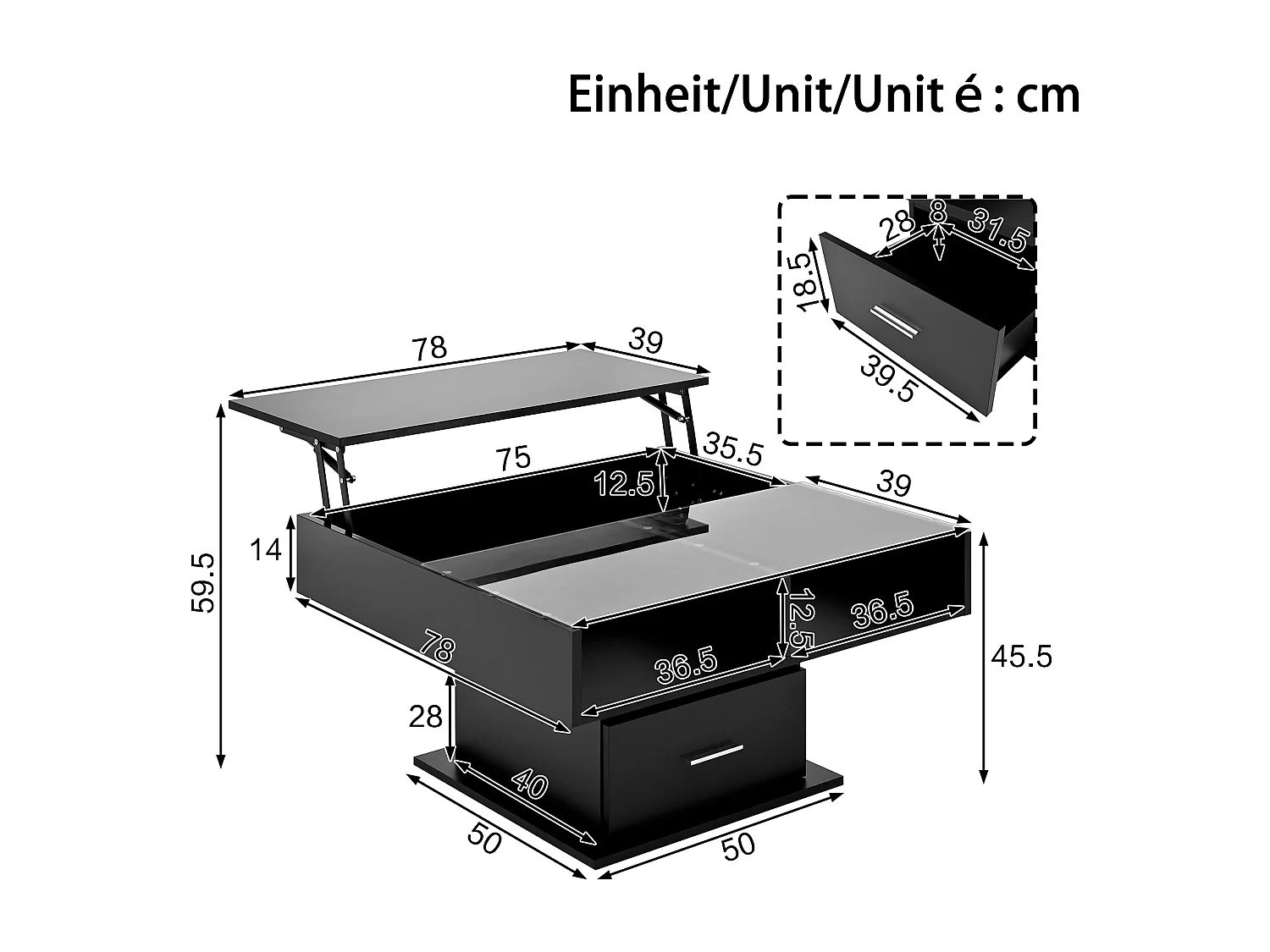 Table basse relevable 78x78x45.5cm - avec éclairage LED - 1 tiroir - étagères ouvertes - noir