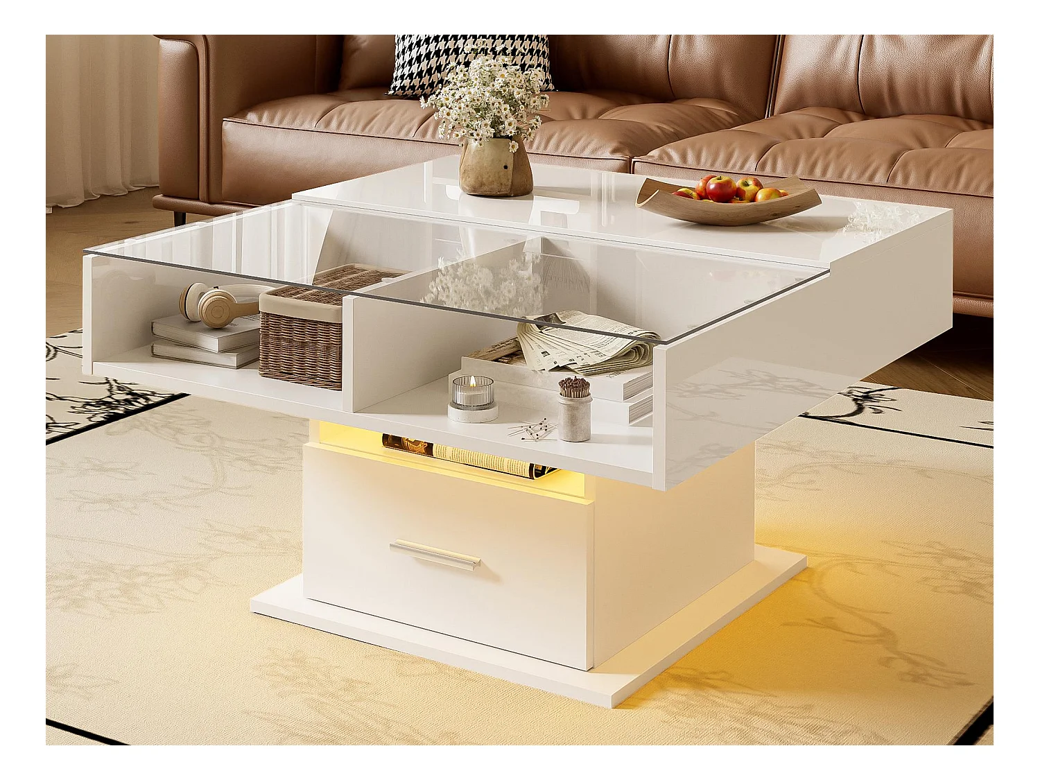 Table basse relevable 78x78x45.5cm - avec éclairage LED - 1 tiroir - étagères ouvertes - blanc