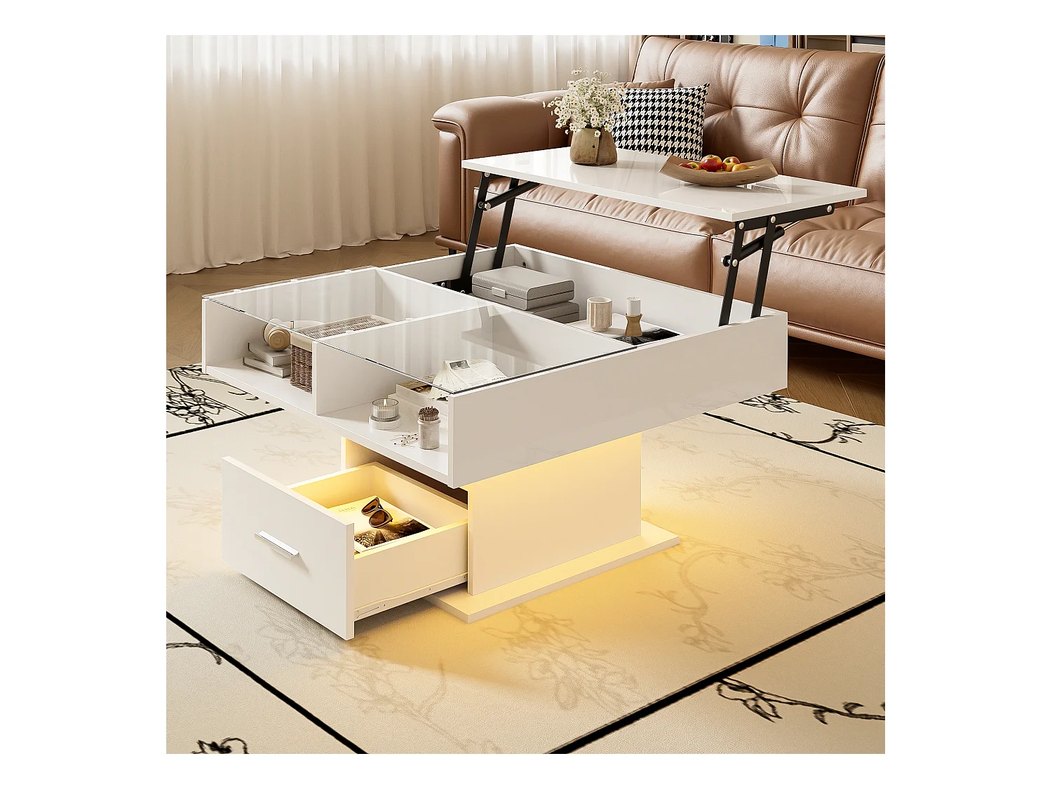 Table basse relevable 78x78x45.5cm - avec éclairage LED - 1 tiroir - étagères ouvertes - blanc