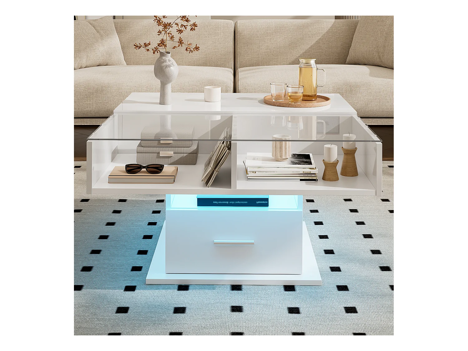 Table basse relevable 78x78x45.5cm - avec éclairage LED - 1 tiroir - étagères ouvertes - blanc