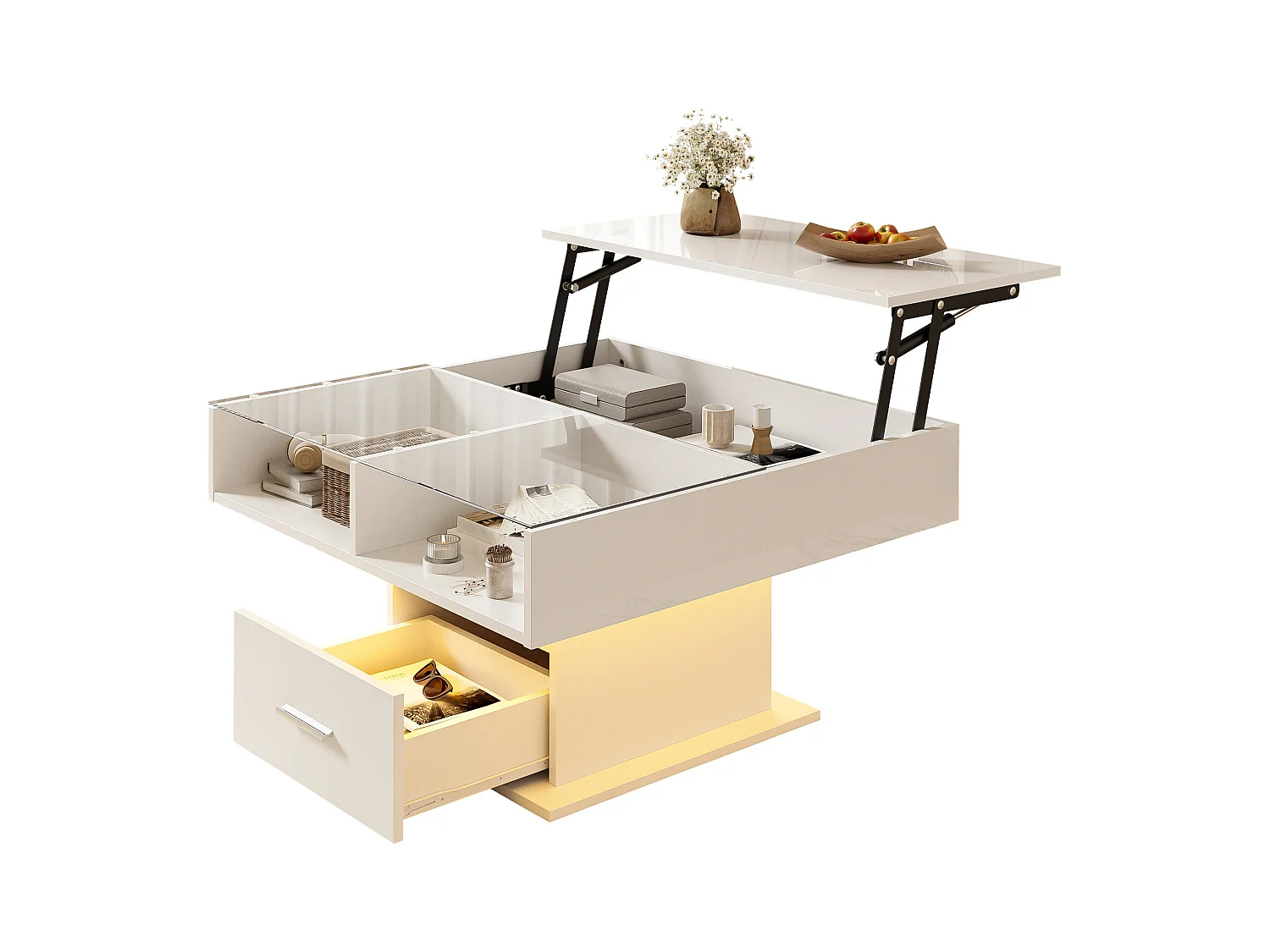 Table basse relevable 78x78x45.5cm - avec éclairage LED - 1 tiroir - étagères ouvertes - blanc