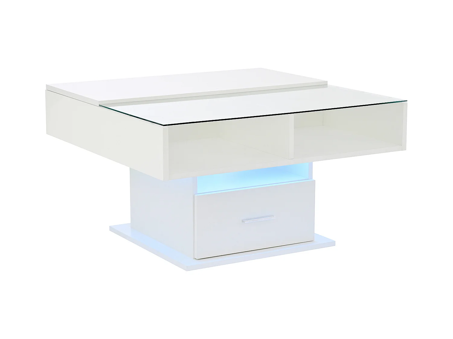 Table basse relevable 78x78x45.5cm - avec éclairage LED - 1 tiroir - étagères ouvertes - blanc