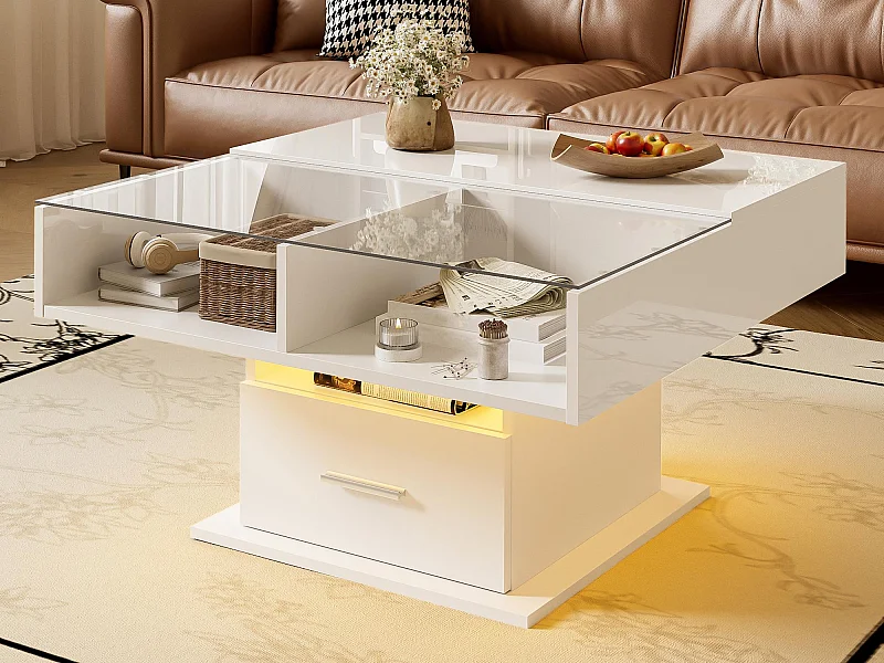 Stolik kawowy regulowany 78×78×45,5 cm - z oświetleniem LED - 1 szuflada - otwarte półki - biały