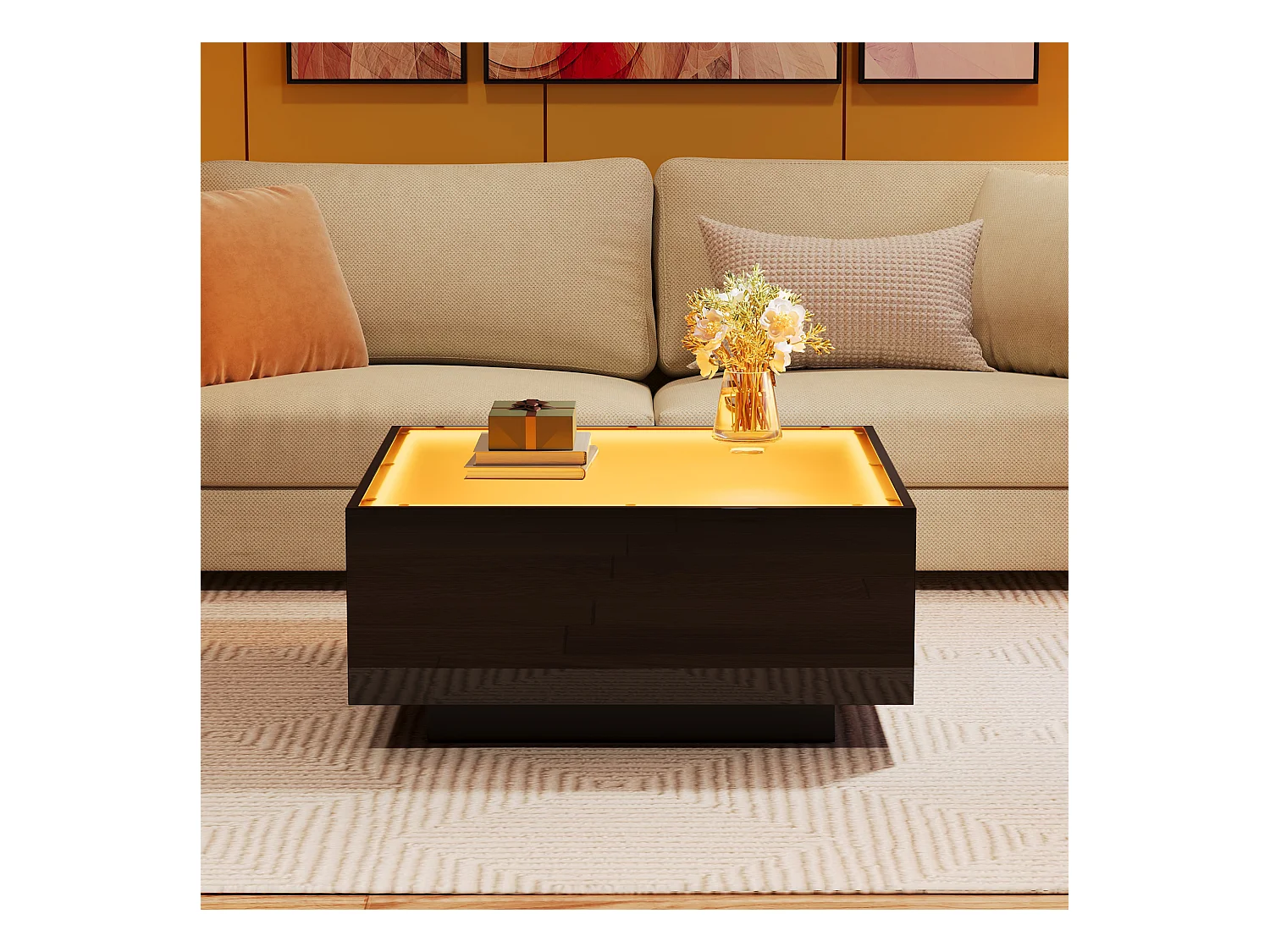 Table basse carrée brillante 70x70x36 cm - plateau en verre - avec éclairage LED - panneaux de particules - noir