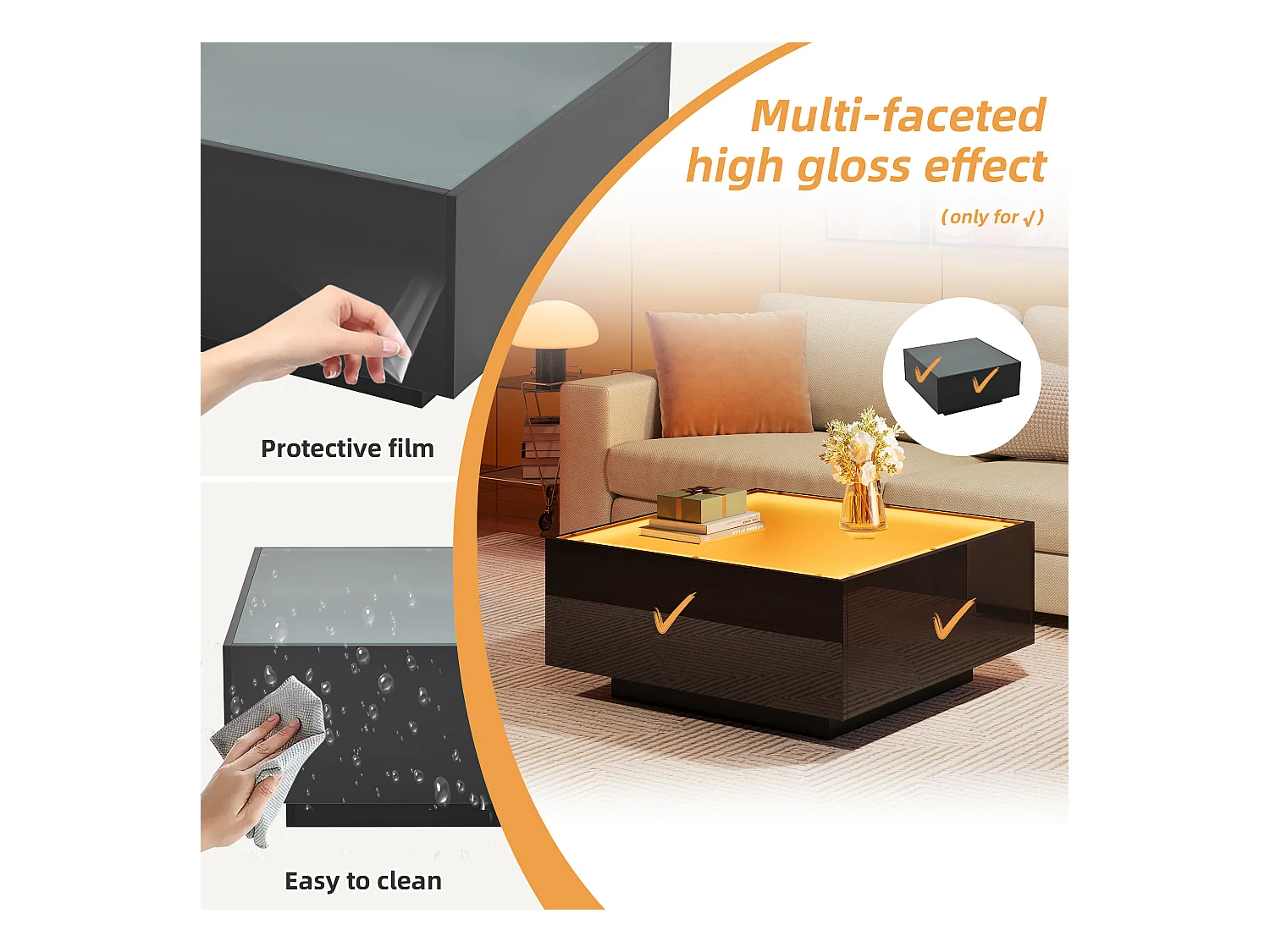 Table basse carrée brillante 70x70x36 cm - plateau en verre - avec éclairage LED - panneaux de particules - noir