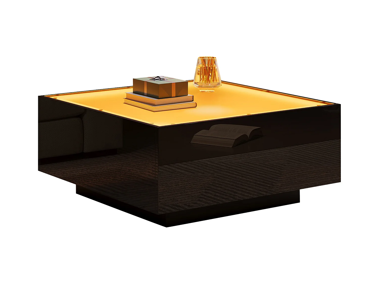 Table basse carrée brillante 70x70x36 cm - plateau en verre - avec éclairage LED - panneaux de particules - noir