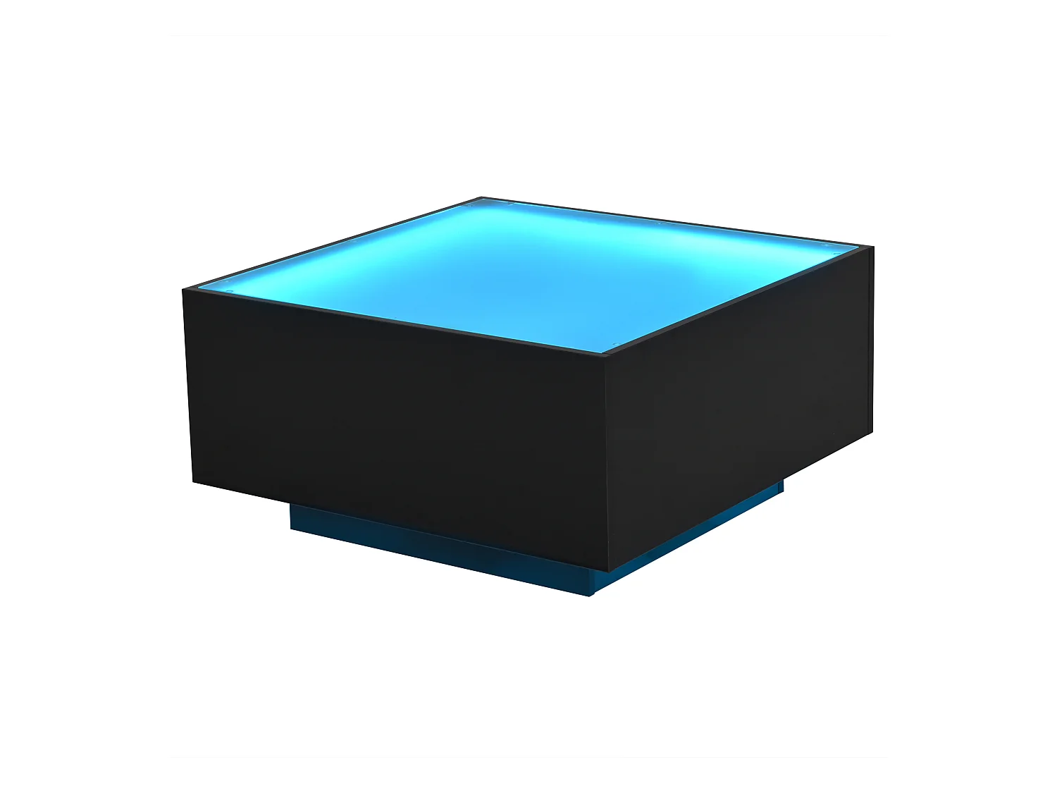 Table basse carrée brillante 70x70x36 cm - plateau en verre - avec éclairage LED - panneaux de particules - noir