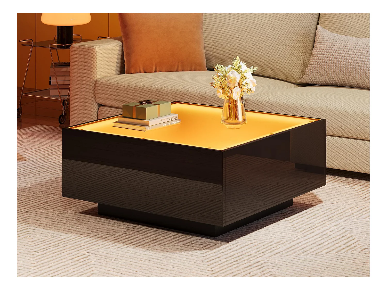 Table basse carrée brillante 70x70x36 cm - plateau en verre - avec éclairage LED - panneaux de particules - noir