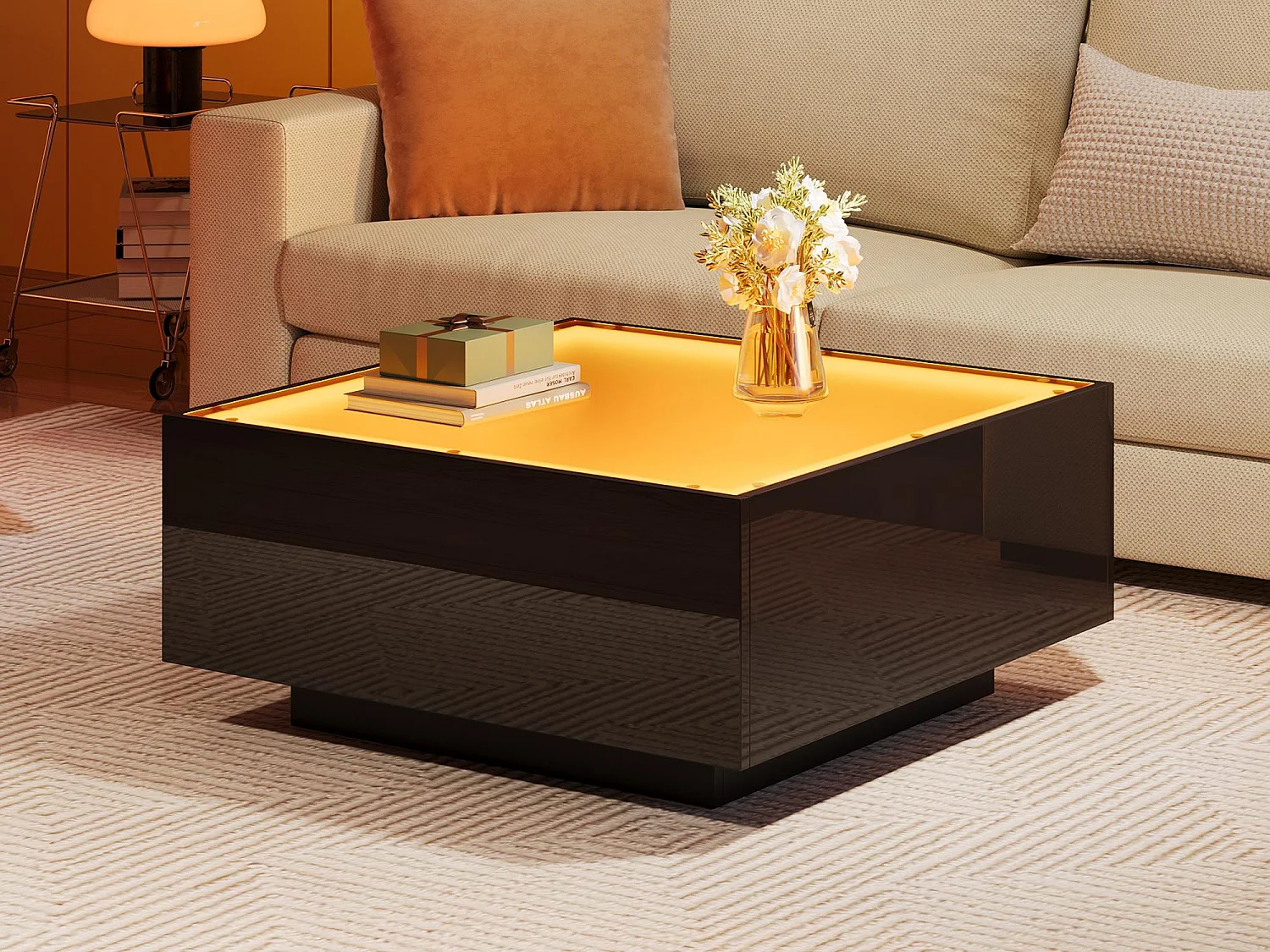 Table basse carrée brillante 70x70x36 cm - plateau en verre - avec éclairage LED - panneaux de particules - noir