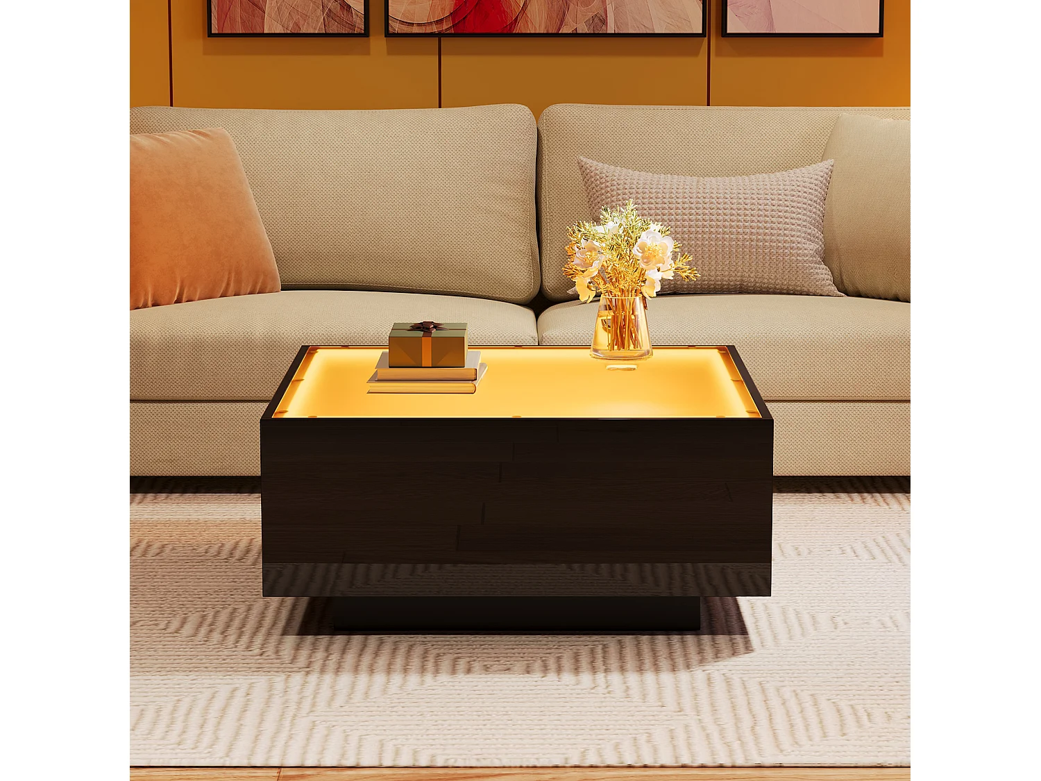 Table basse carrée brillante 70x70x36 cm - plateau en verre - avec éclairage LED - panneaux de particules - noir