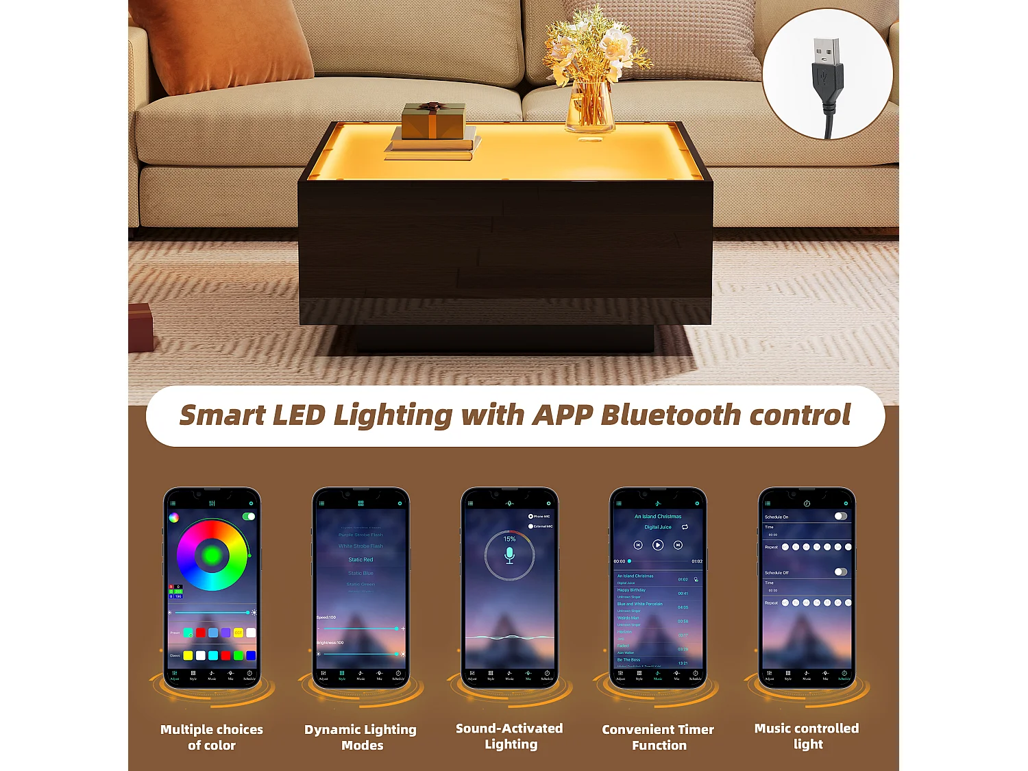 Table basse carrée brillante 70x70x36 cm - plateau en verre - avec éclairage LED - panneaux de particules - noir