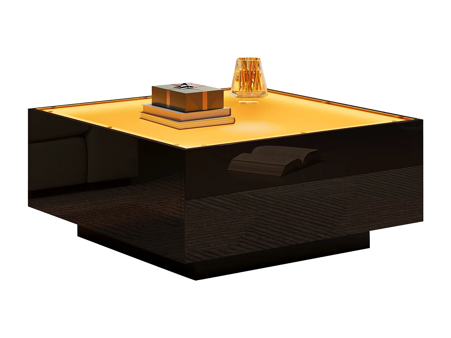 Table basse carrée brillante 70x70x36 cm - plateau en verre - avec éclairage LED - panneaux de particules - noir