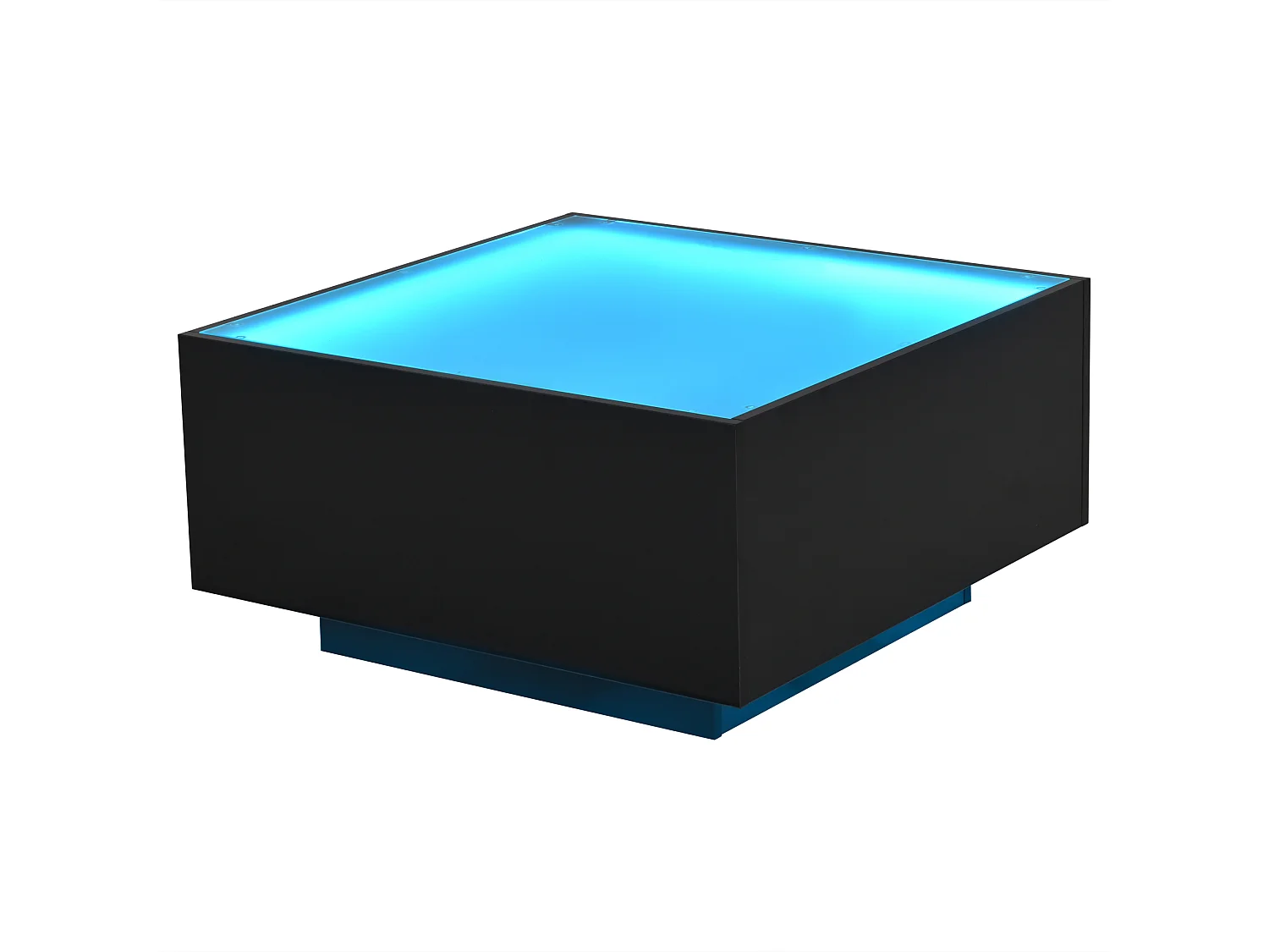Table basse carrée brillante 70x70x36 cm - plateau en verre - avec éclairage LED - panneaux de particules - noir