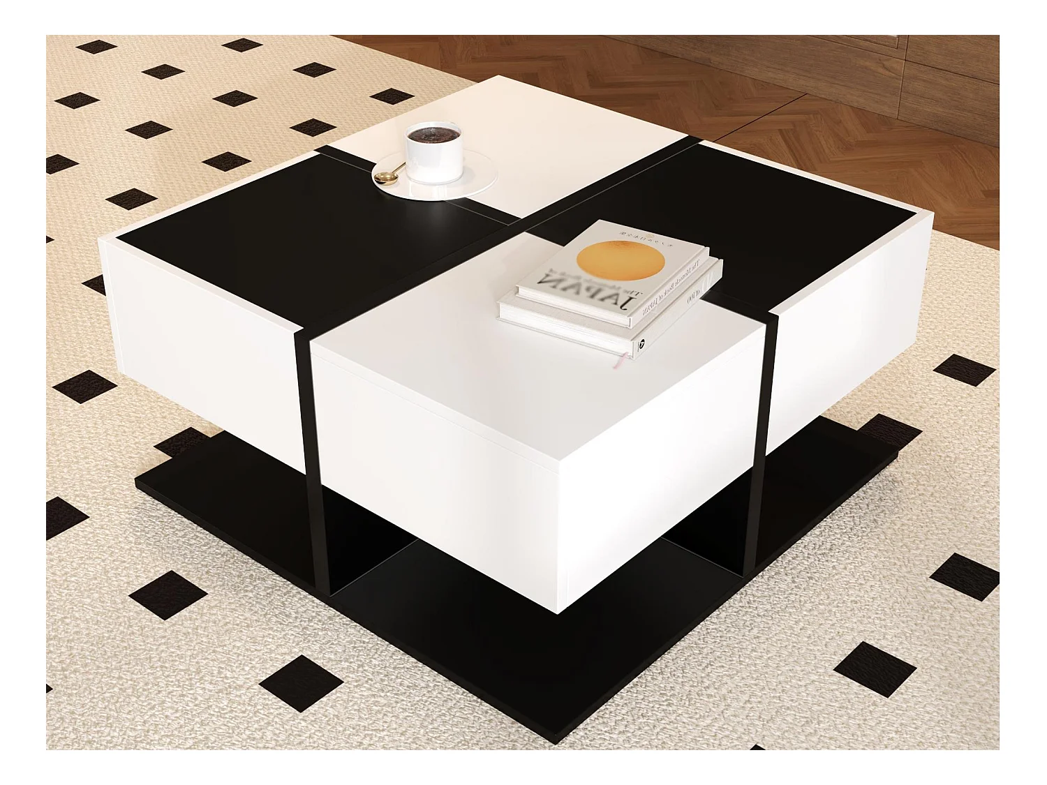 Table basse brillante 70×70×35,5 cm - carrée - avec 2 tiroirs - panneau de particules - noir et blanc