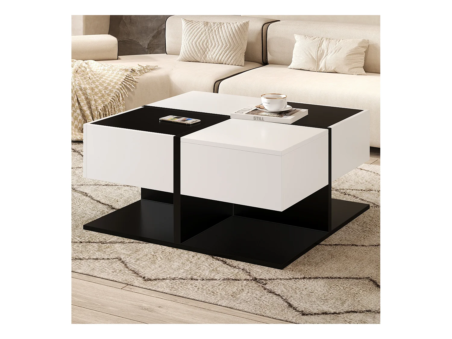 Table basse brillante 70×70×35,5 cm - carrée - avec 2 tiroirs - panneau de particules - noir et blanc