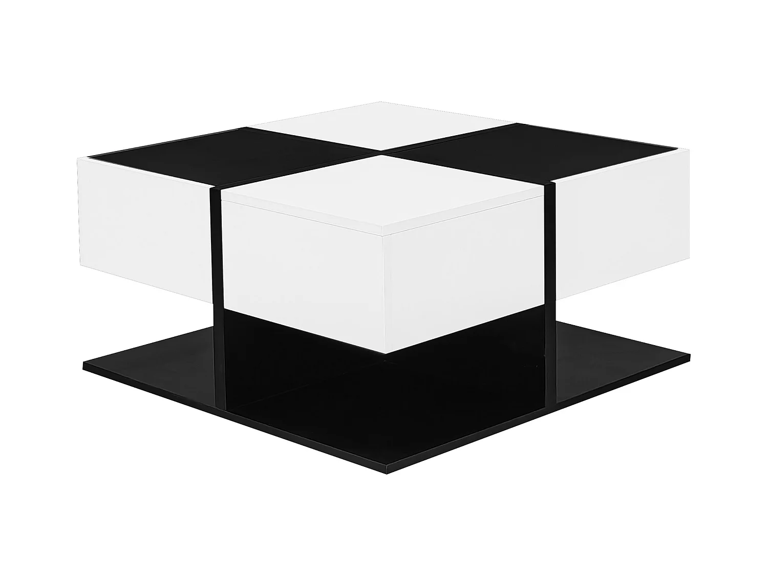 Table basse brillante 70×70×35,5 cm - carrée - avec 2 tiroirs - panneau de particules - noir et blanc