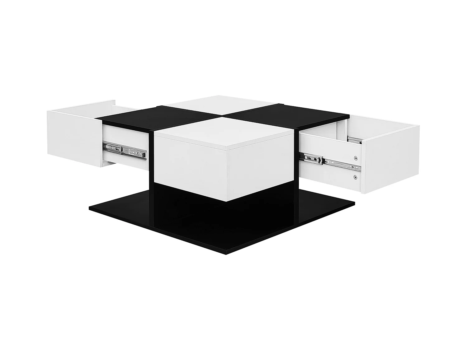 Table basse brillante 70×70×35,5 cm - carrée - avec 2 tiroirs - panneau de particules - noir et blanc