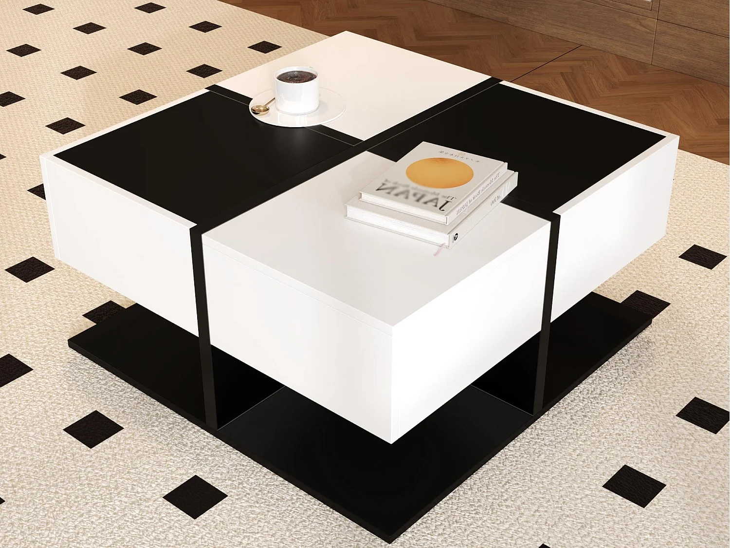 Table basse brillante 70×70×35,5 cm - carrée - avec 2 tiroirs - panneau de particules - noir et blanc