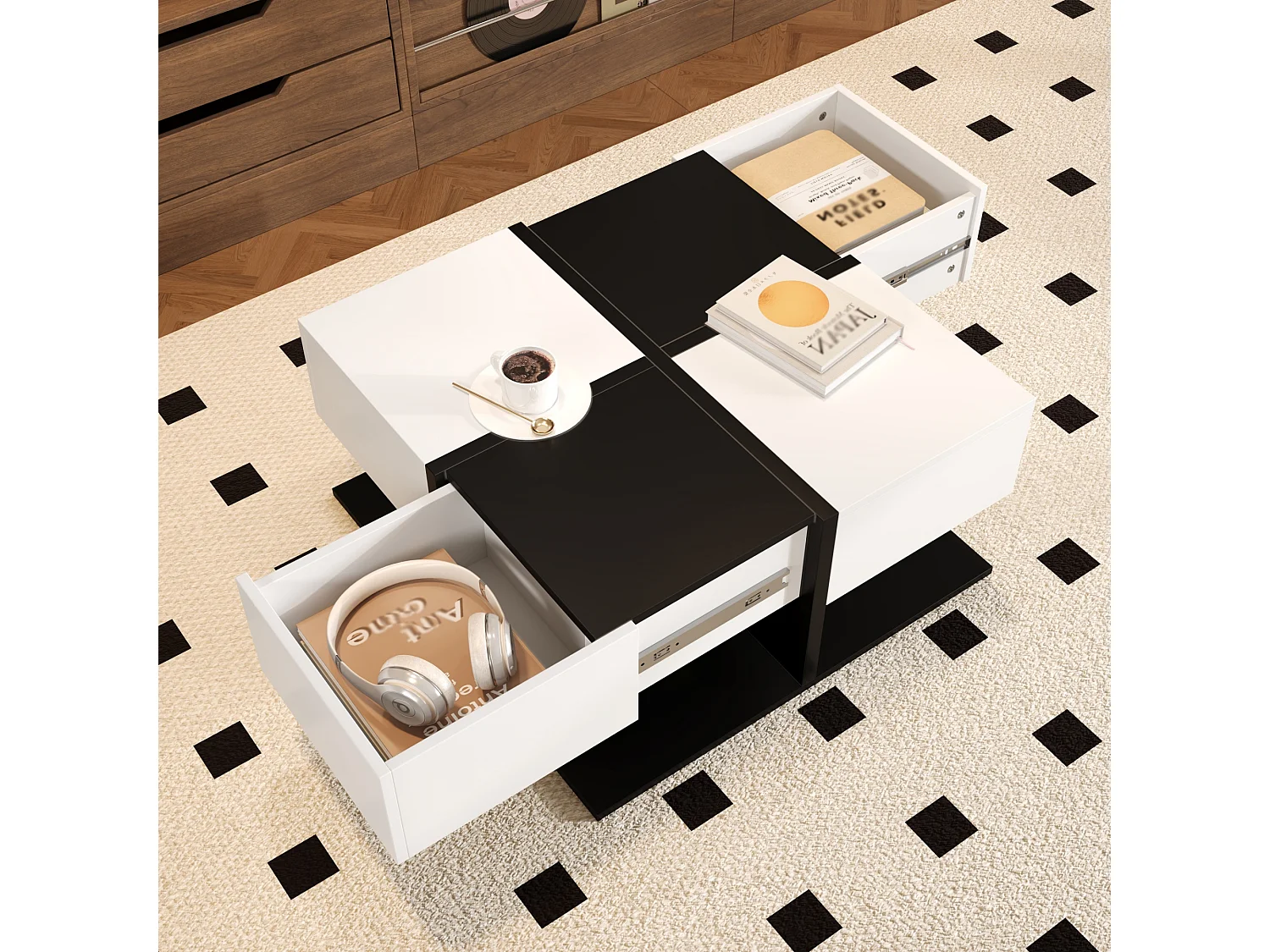 Table basse brillante 70×70×35,5 cm - carrée - avec 2 tiroirs - panneau de particules - noir et blanc