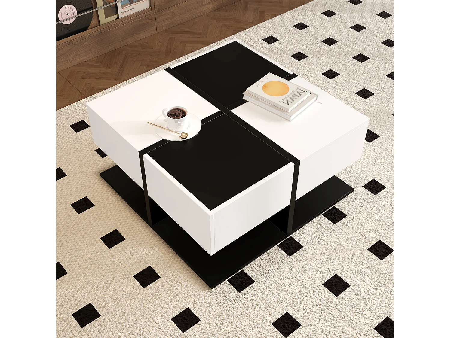 Table basse brillante 70×70×35,5 cm - carrée - avec 2 tiroirs - panneau de particules - noir et blanc