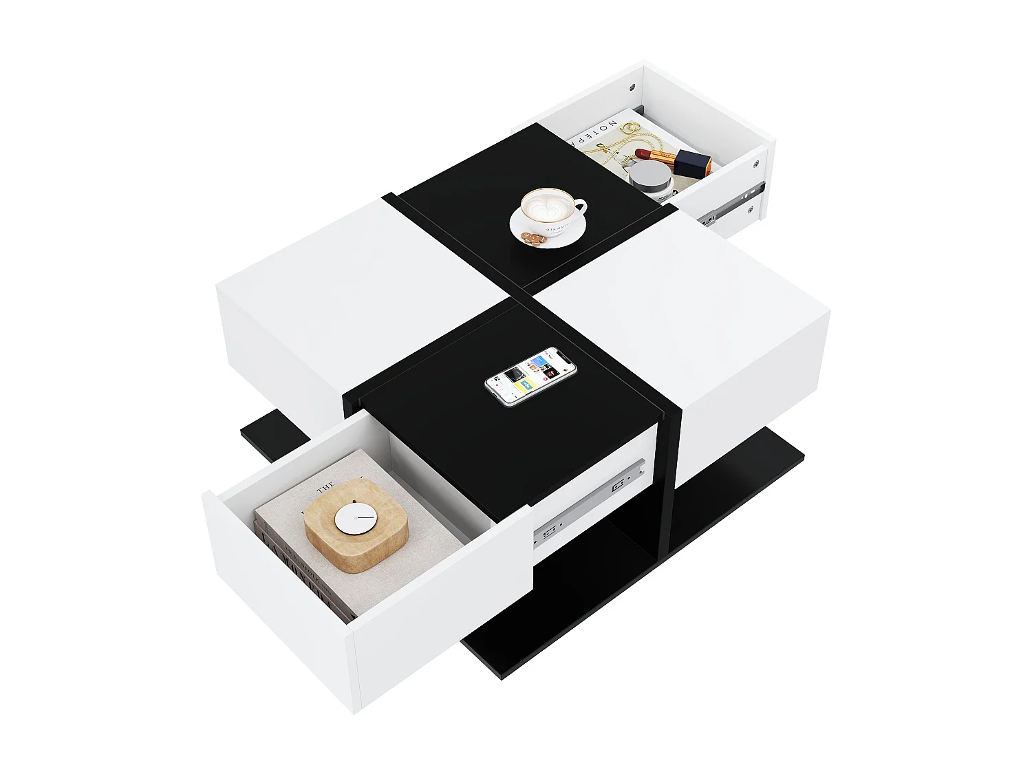 Table basse brillante 70×70×35,5 cm - carrée - avec 2 tiroirs - panneau de particules - noir et blanc