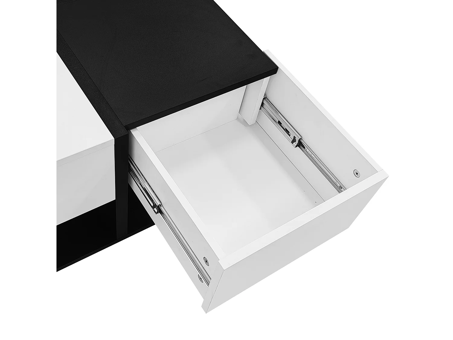 Table basse brillante 70×70×35,5 cm - carrée - avec 2 tiroirs - panneau de particules - noir et blanc