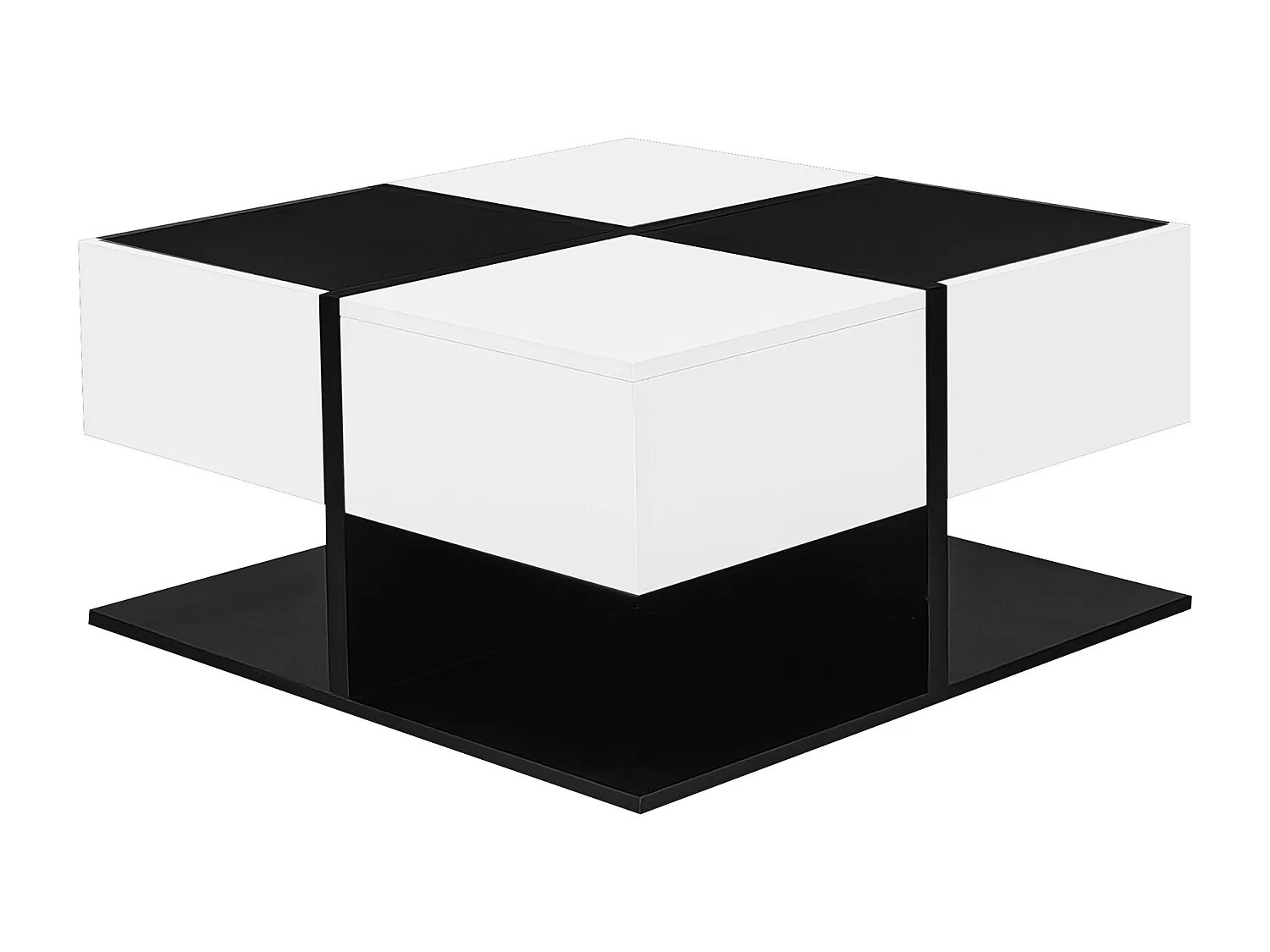 Table basse brillante 70×70×35,5 cm - carrée - avec 2 tiroirs - panneau de particules - noir et blanc