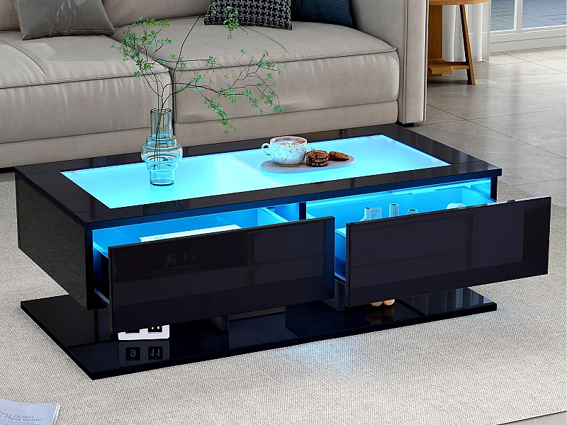 Mesa de centro brilhante 100×50×35 cm - 2 gavetas - com iluminação LED - tampo de vidro - painel de partículas - preto