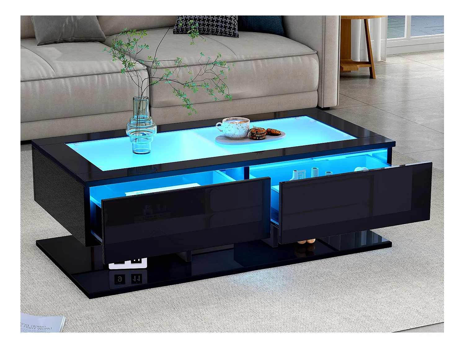 Table basse haute brillance 100x50x35 cm - 2 tiroirs - Avec éclairage LED - Plateau en verre - Panneaux de particules - Noir