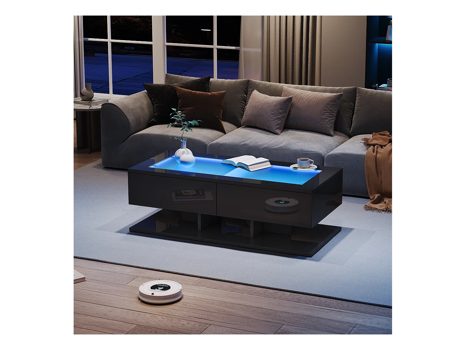 Table basse haute brillance 100x50x35 cm - 2 tiroirs - Avec éclairage LED - Plateau en verre - Panneaux de particules - Noir