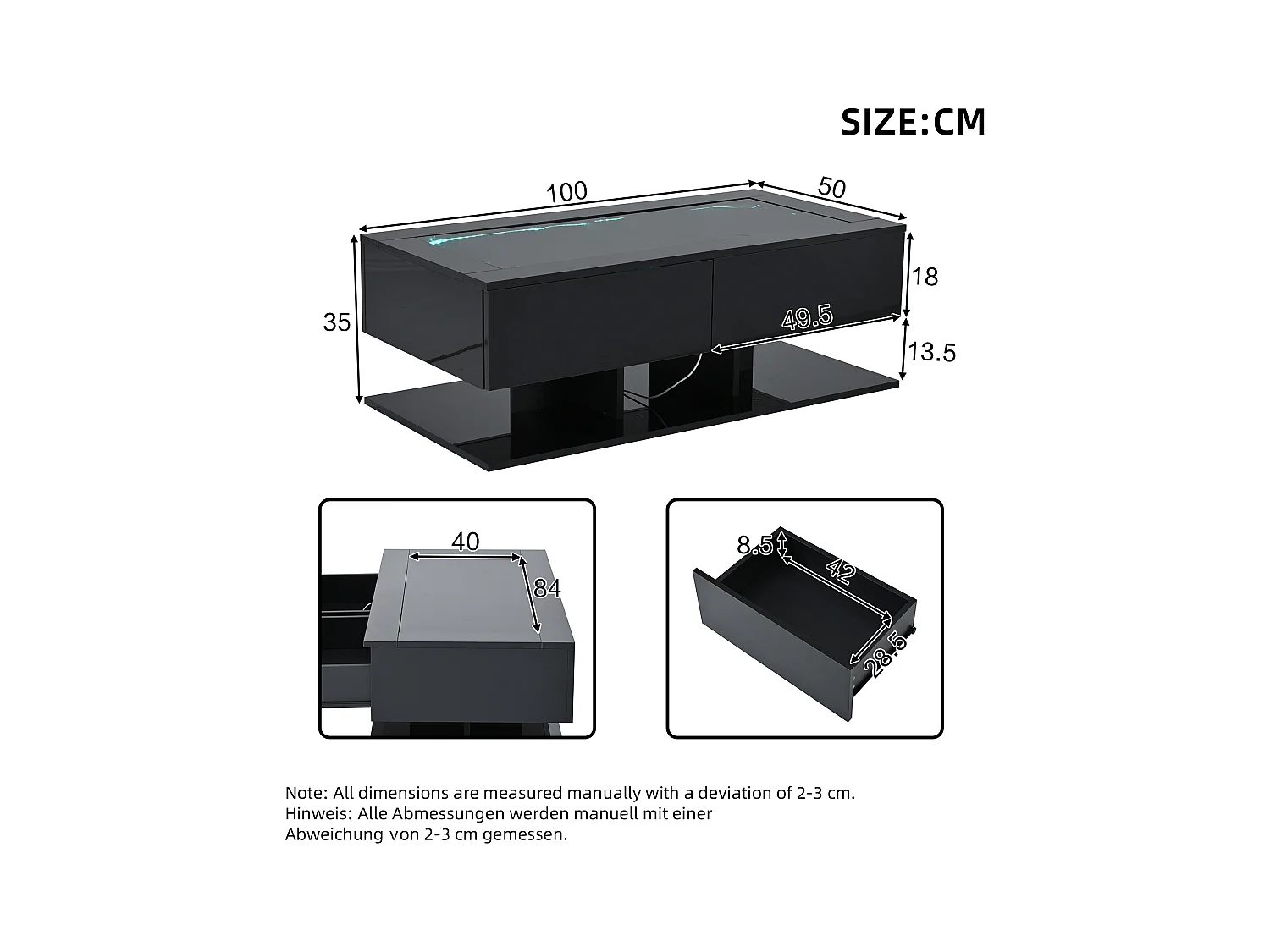 Table basse haute brillance 100x50x35 cm - 2 tiroirs - Avec éclairage LED - Plateau en verre - Panneaux de particules - Noir